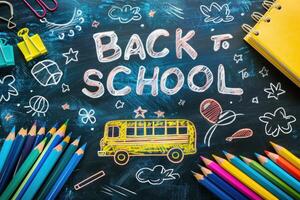 Back to school is written on a chalkboard with a yellow school bus drawn on it photo