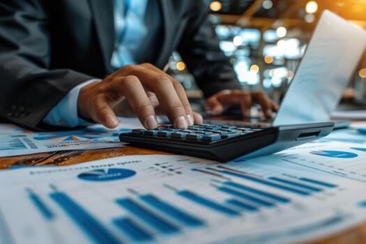 A person is using a calculator to add numbers on a piece of paper photo