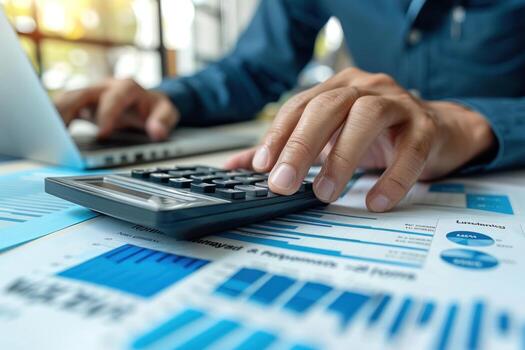 A person is using a calculator to add numbers on a piece of paper photo