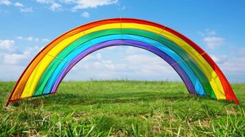 A rainbow is stretched across a field of grass photo