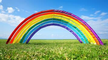 A rainbow is stretched across a field of grass photo