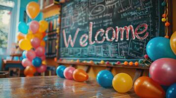A chalkboard with the word welcome written on it, Concept back to school photo