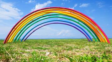 A rainbow is stretched across a field of grass photo