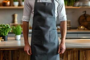 A chef stands in front of a counter with apron on photo