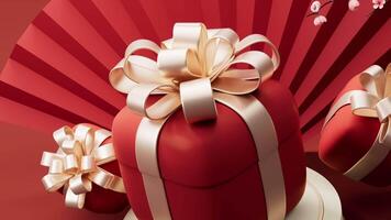 Gift box with red Chinese ancient fan background, 3d rendering. video