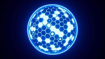 Abstract hexagonal sphere, neon glowing sphere, 3d rendering. video