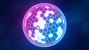 Abstract hexagonal sphere, neon glowing sphere, 3d rendering. video