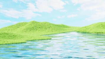 Outdoor grass and water surface products display background, 3d rendering. video