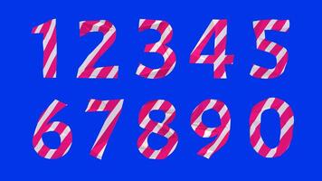 Cute numbers from 0-9 with pink and white striped texture. A set of counting materials on a blue background. Animated symbols of figures in a fun color style video