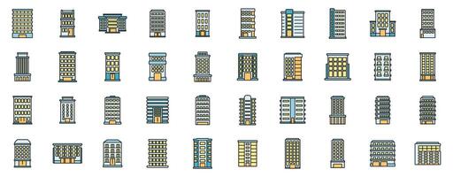 Multistory building icons set color line vector
