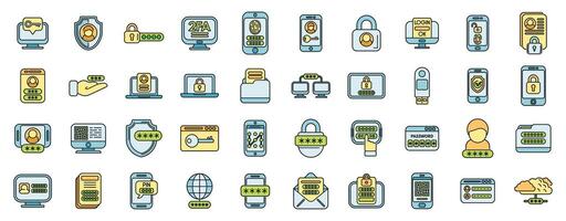 Two factor authentication icons set color line vector