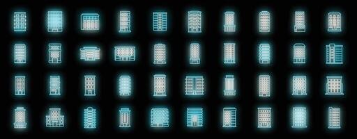 Multistory building icons set neon vector