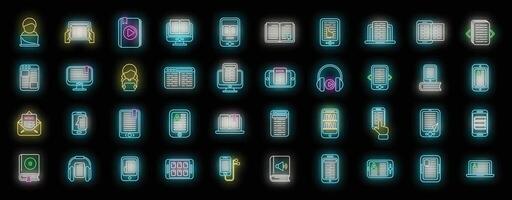 Digital reading icons set neon vector