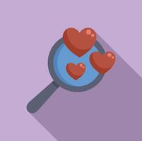 Magnifying glass showing hearts floating above on purple background vector