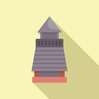 Brick lighthouse building standing on coastline guiding ships with bright light vector