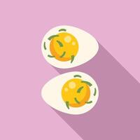 Two halves of a deviled egg garnished with chives on pink background vector