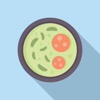 Green pea soup with sausage served in a bowl, top view vector