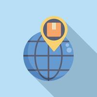 Global shipping pointing at cardboard box on world map icon vector