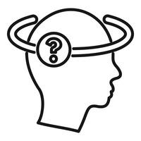 Human head thinking with question mark inside orbiting around vector