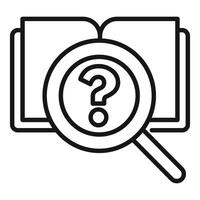 Magnifying glass searching question mark over open textbook icon vector