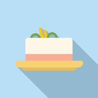 Square cake with yellow and green topping on plate is sitting on table vector