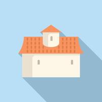 Medieval building with orange roof and round tower is casting shadow on blue background vector