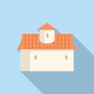 Medieval building with orange roof and round tower is casting shadow on blue background