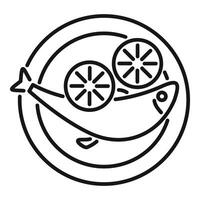 Cooked fish lying on plate with lemon slices minimalist line art icon vector