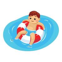 Happy child floating in a red and white inflatable ring in swimming pool vector