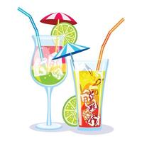 Two cocktails with straws and umbrellas are standing on the bar counter vector