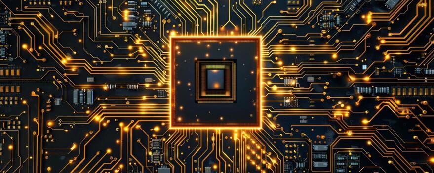 Top view of golden microchips representing futuristic technology. Information technology concept. photo
