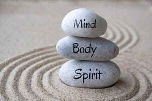 Mind, body and soul text on zen stones with sand background photo