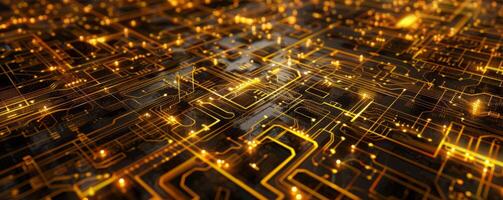 Close up of golden microchips representing futuristic technology. Information technology concept photo