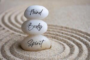 Mind, body and soul text on zen stones with sand background. Meditation concept. photo