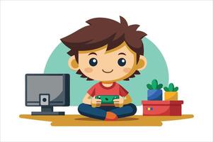 Cartoon little boy playing game art vector