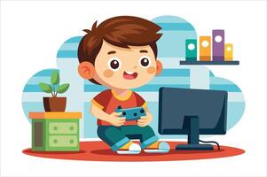 Cartoon little boy playing game art vector
