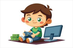 Cartoon little boy playing game art vector