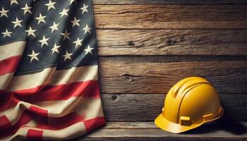 Labor day concept. american flag and yellow work helmet on wooden background with empty space for adding text photo