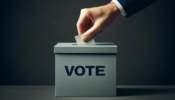 hand placing a ballot into a ballot box photo
