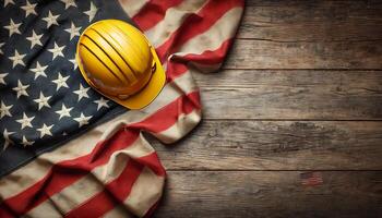 Labor day concept. american flag and yellow work helmet on wooden background with empty space for adding text photo