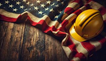 Labor day concept. american flag and yellow work helmet on wooden background with empty space for adding text photo