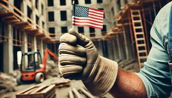Labor day concept. construction worker's gloved hand holding a small American flag photo