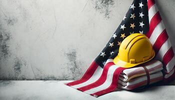 Labor day concept. american flag and yellow work helmet on wooden background with empty space for adding text photo
