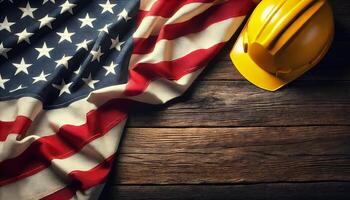 Labor day concept. american flag and yellow work helmet on wooden background with empty space for adding text photo