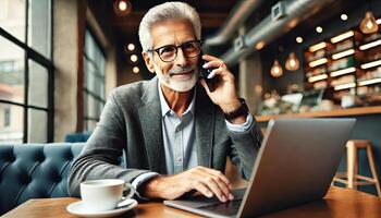 old man using laptop and making phone call with cafe in the background photo