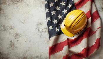 Labor day concept. american flag and yellow work helmet on wooden background with empty space for adding text photo