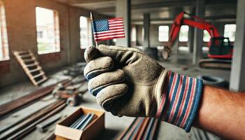 Labor day concept. construction worker's gloved hand holding a small American flag photo