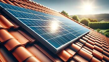 solar panel on the roof tiles of the house photo