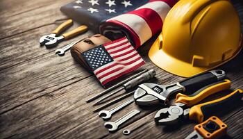 Labor day concept. american flag and yellow work helmet on wooden background with empty space for adding text photo