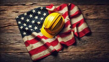 Labor day concept. american flag and yellow work helmet on wooden background with empty space for adding text photo